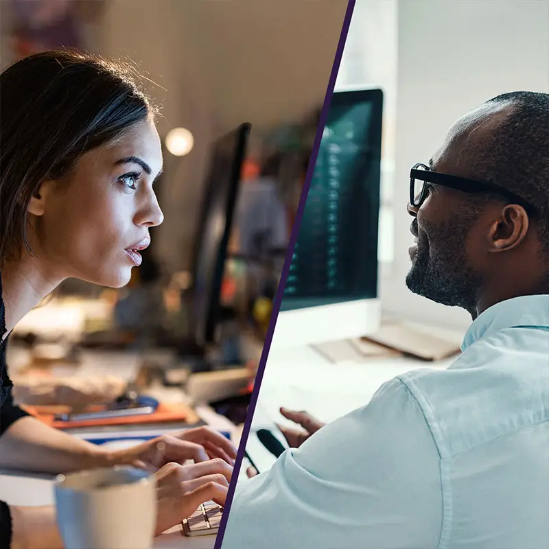 split view of two individuals looking at computer screens