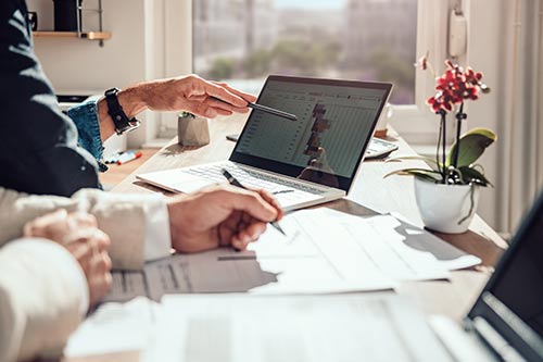 two people looking over project management system on a laptop