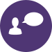 A white silhouette of a person's head and shoulders with a speech bubble on a purple background.