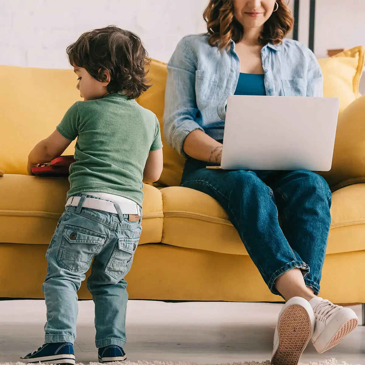 mom on couch with son